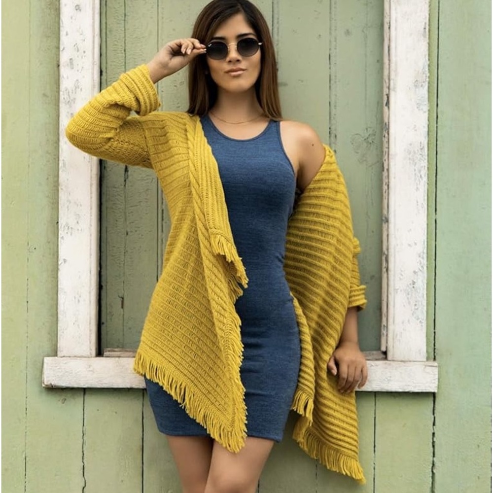 Baby Alpaca Yellow Lemon Knit Fringe Cardigan Sweater S